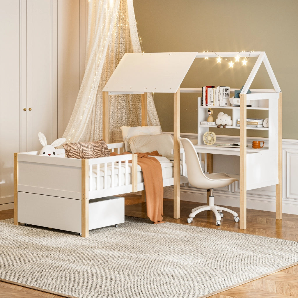 Letto per bambini 90 × 200 cm con scrivania, libreria, cassetti su ruote, sponda di sicurezza, senza materasso