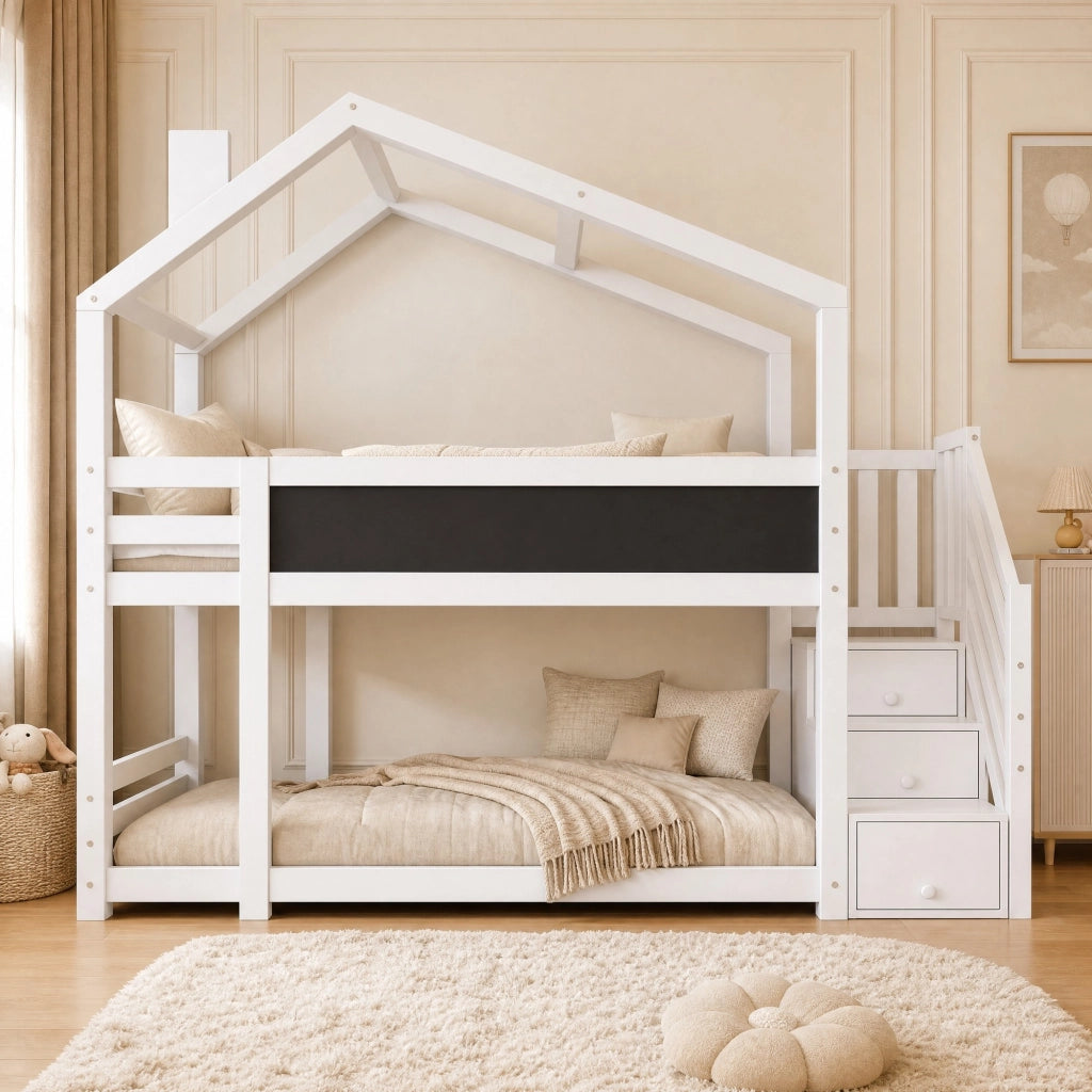 Letto a castello per bambini 90x200 cm stile casa sull’albero con scala contenitore e lavagna, bianco