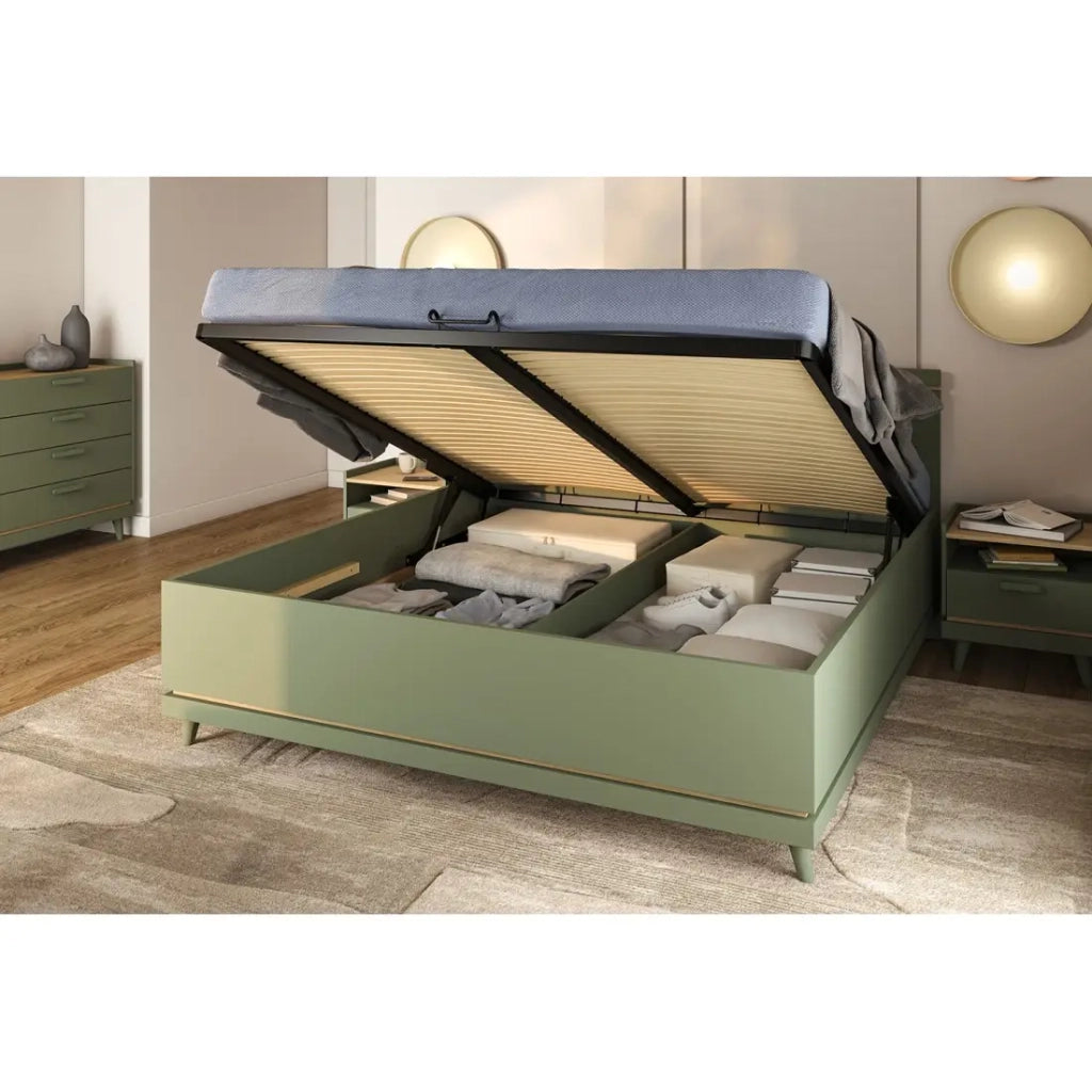 Letto contenitore NOKI – 160x200 cm verde e legno – Stile scandinavo