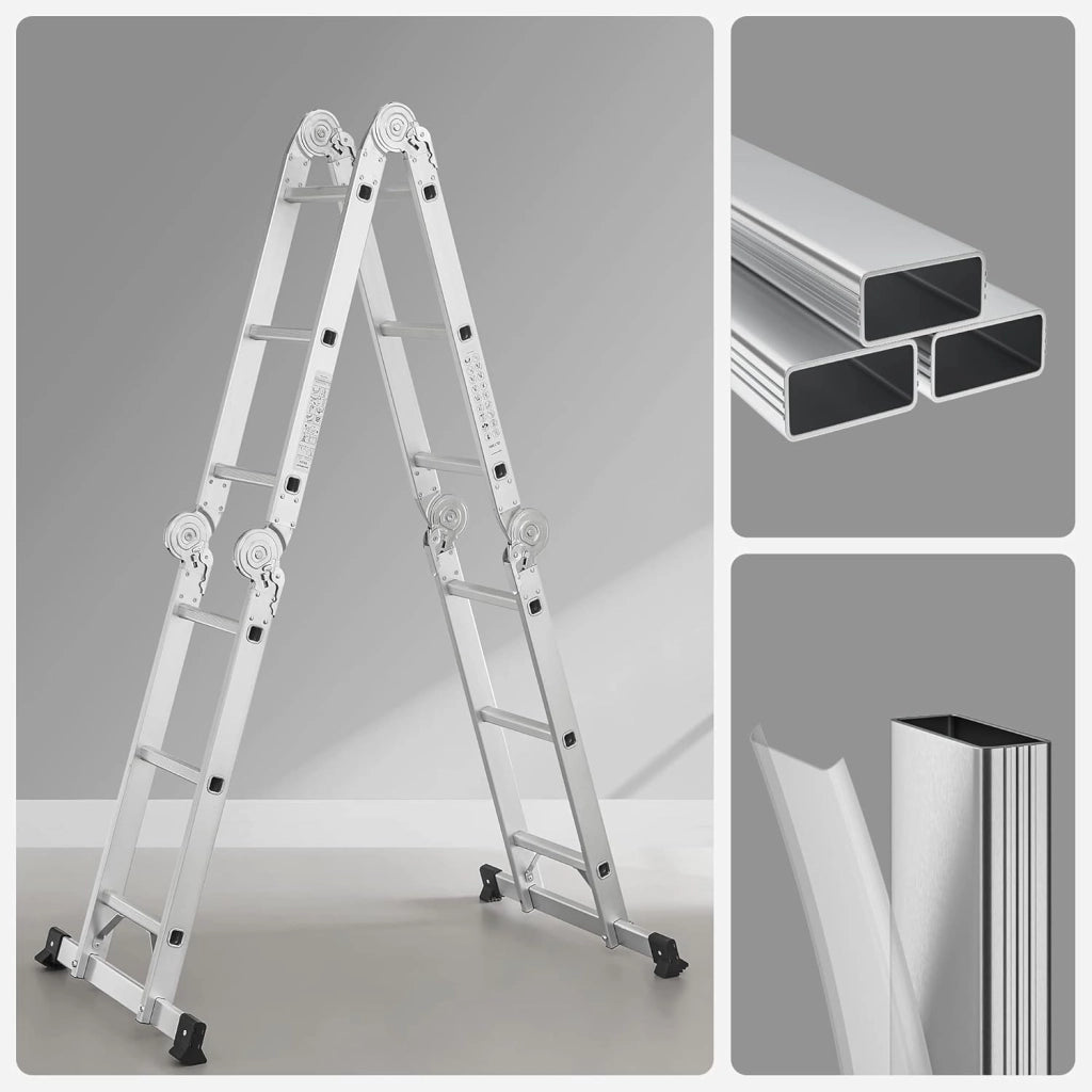 SONGMICS Scala Multifunzione in Alluminio, Scala a Gradini, Scaletta Domestica, 4 x 3 Gradini, fino a 150 kg, 12 Gradini, Design 6-in-1, Lunga 326 cm, Colore Argento GLT36M