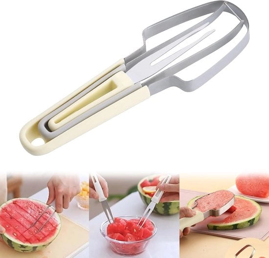 Set 3-in-1 per meloni e watermelon con forchetta - acciaio inox (beige)