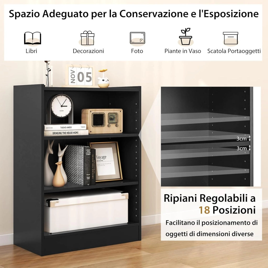 Libreria a 3 Piani, Scaffale Multifunzionale con Ripiani Regolabili e Dispositivo Antiribaltamento, per Soggiorno, Camera da Letto, Studio, 50 x 30 x 75 cm (Nero)