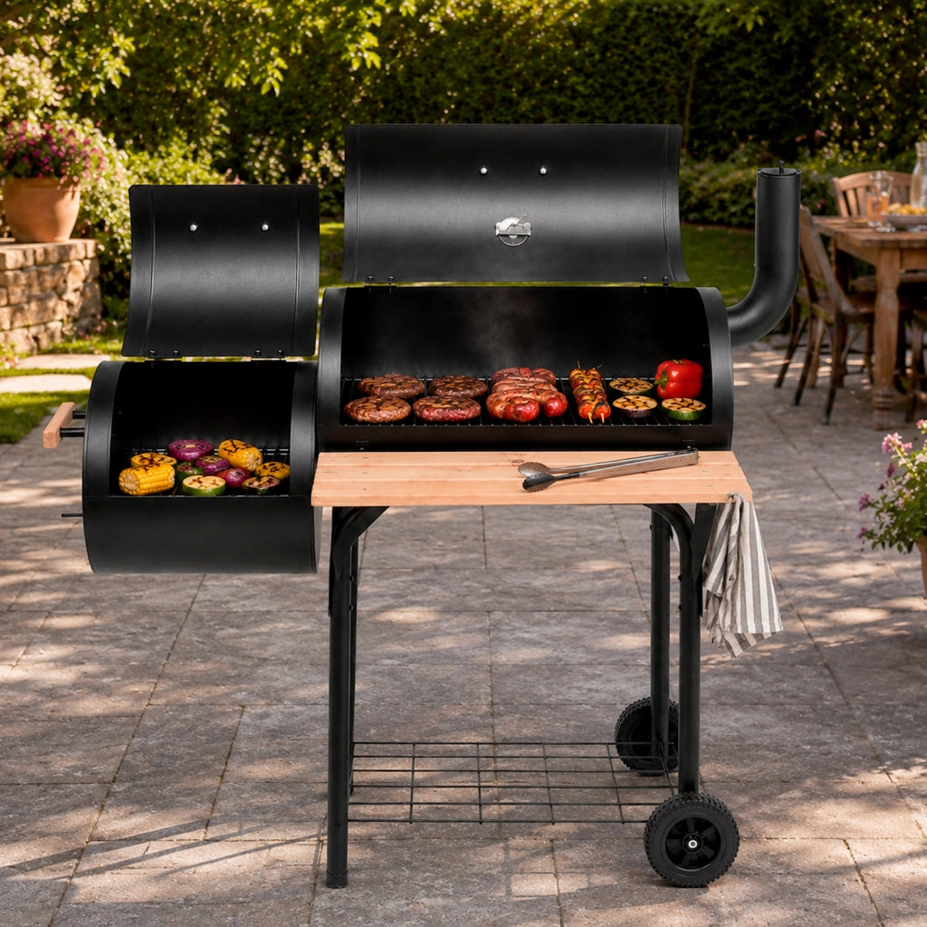 Barbecue A Carbone Con Camera Affumicatrice Laterale BBQ Termometro Integrato Griglie In Acciaio Cromato Ripiano E Maniglie In Legno Con Ruote 109.5 x 59 x 116 Cm Nero