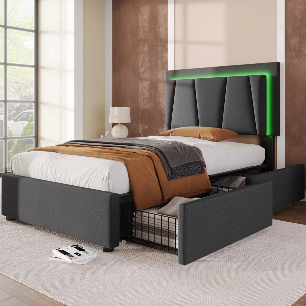 OKWISH Letto con Cassetti 90×200 cm, Letto Singolo con Testiera Regolabile, LED Regolabile e 2 Cassetti, senza Materasso, Grigio