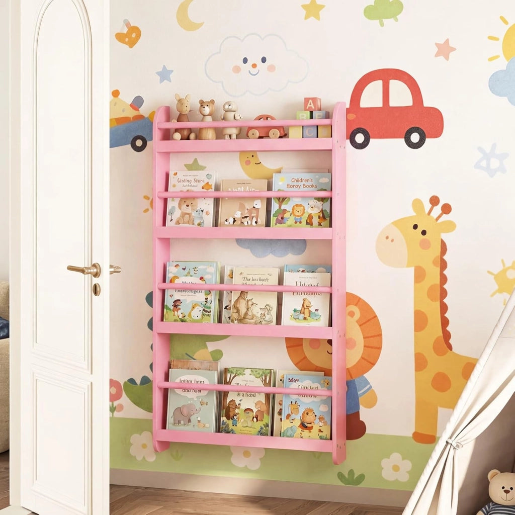 Libreria da Parete per Bambini, Scaffale Portaoggetti a 4 Livelli con Barre di Protezione e Bordi Rialzati, Libreria Salvaspazio per Cameretta per Bambini 3+ Anni, 56 x 12 x 107 cm (Rosa)