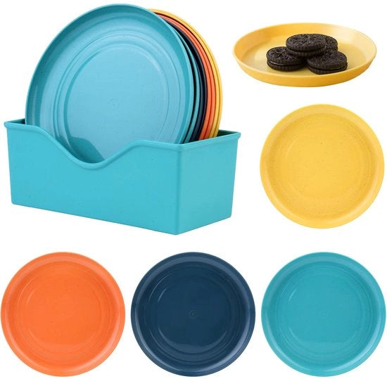 Set di piatti in plastica 12 pezzi, 4 colori: piatti per dessert, piatti da dessert, piatti per colazione, piatti per pranzo con cassetta di contenimento (rotonda)