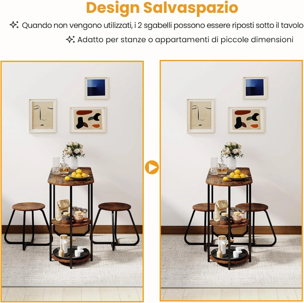 Set da Pranzo Industriale 3 Pezzi, Tavolo da Cucina in Legno con 2 Sgabelli e Ripiani Portaoggetti, Set da Pranzo Salvaspazio per Appartamenti, Cucina e Soggiorno (Caffè)