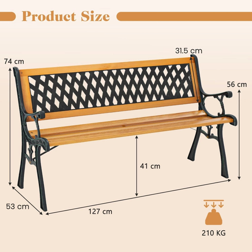 GIANTEX Panca da Giardino a 2 Posti in Legno, Panchina in Ghisa con Schienale e Braccioli, Stile Vintage, per Giardino, Balcone, Terrazza, 125x52x73 cm