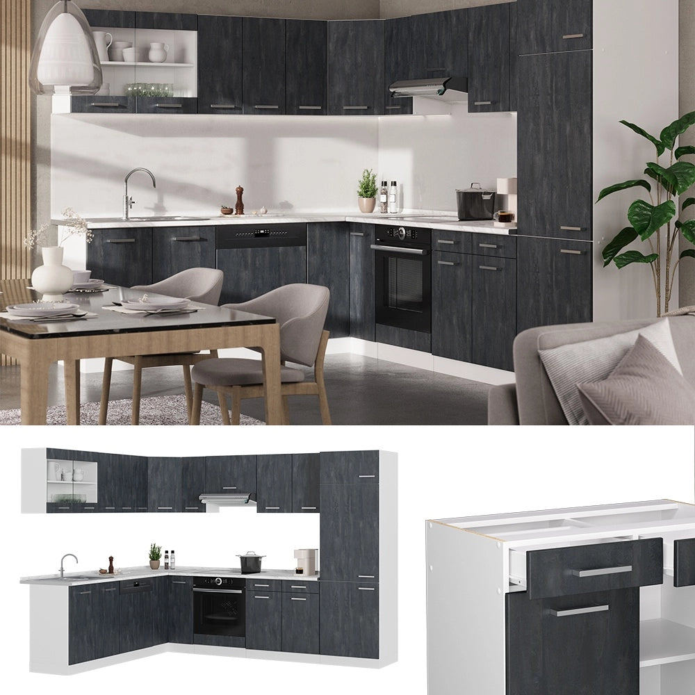Cucina angolare completa R-Line Calce nera/Bianco 287 x 227 cm PL Rovere Vicco