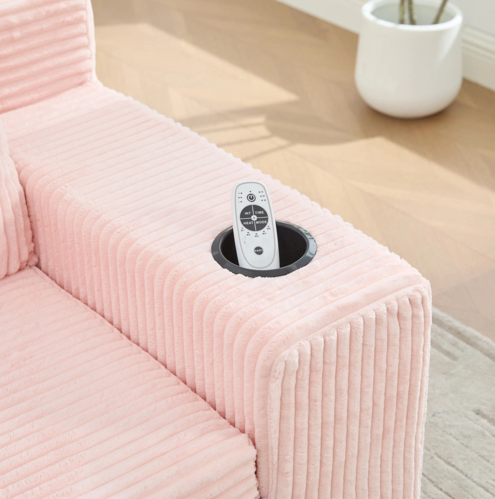 Divano modulare 2 posti in velluto a coste rosa; con portabicchieri e tasche laterali; 172 x 87 x 64 cm
