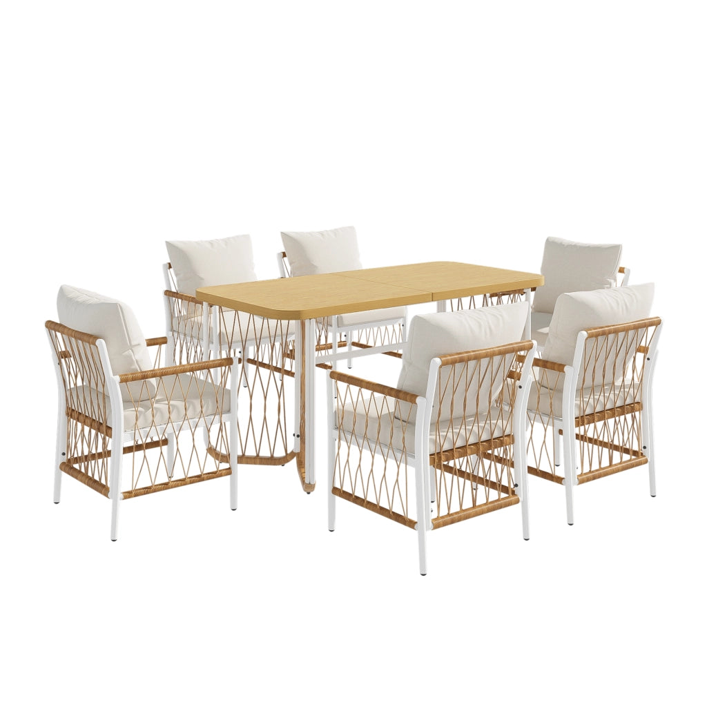 Set Tavolo e Sedie da Giardino con 1 Tavolo e 6 Sedie; Cuscini Inclusi; Ferro e Poliestere; Beige