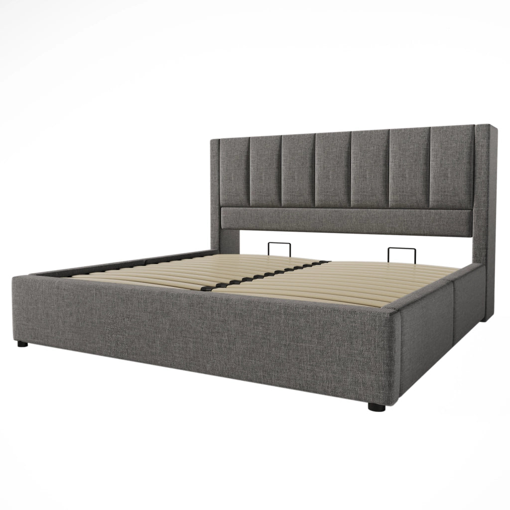 Letto imbottito 140x190 cm con contenitore, porta bicchieri nascosto e stazione di ricarica, grigio