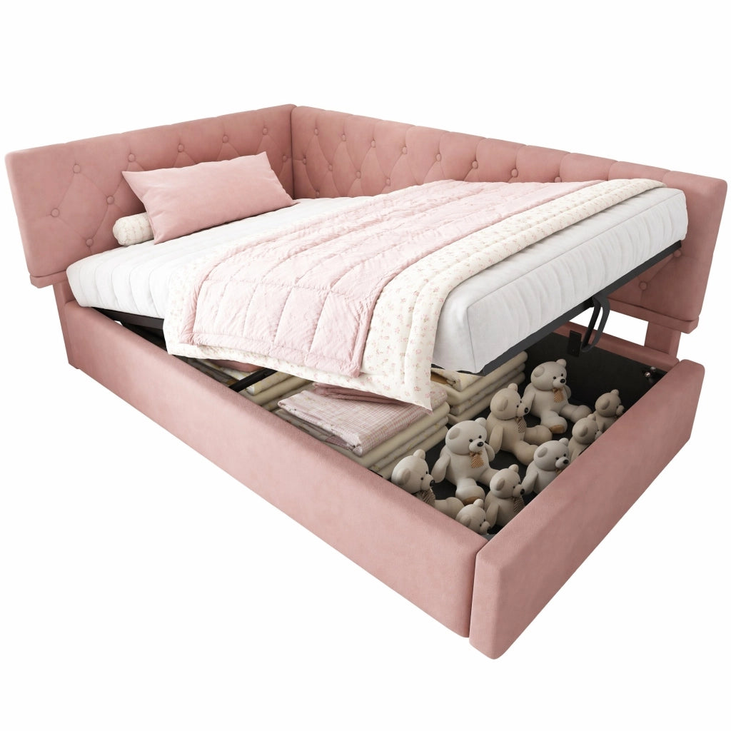 Letto singolo 90x200 cm in velluto rosa con contenitore idraulico, testiera reversibile e rete a doghe