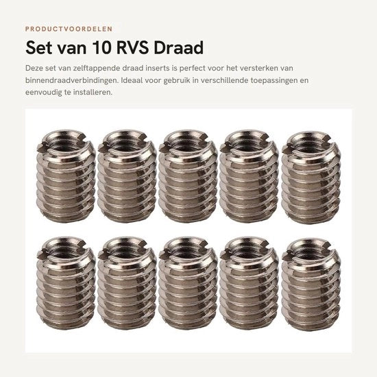 Inserti di raccordo in acciaio inossidabile 10 pezzi - autoalimentanti - raccordo interno M4x0,7 - raccordo esterno M6x1,0 - lunghezza 8mm
