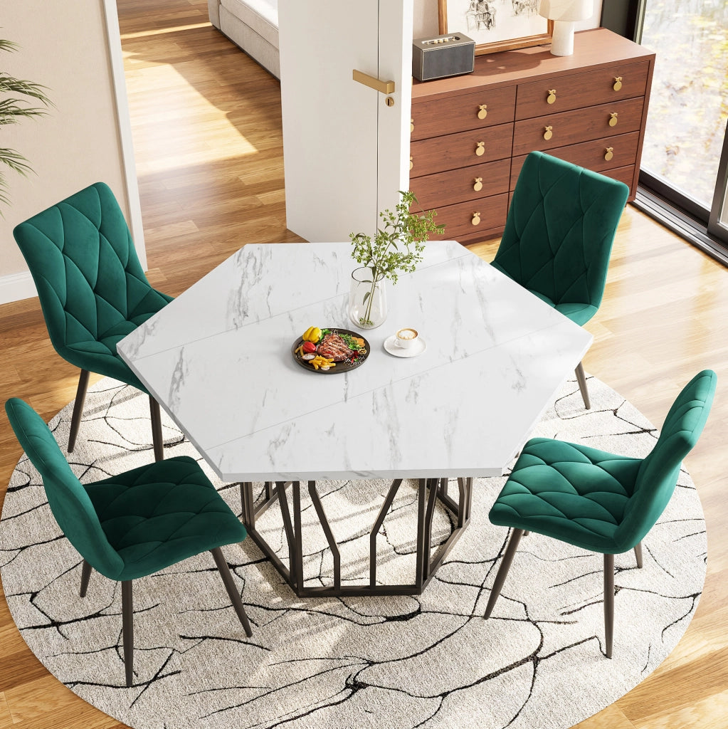 Set tavolo da pranzo 115;5x100 cm; design esagonale; MDF e acciaio; nero bianco e verde