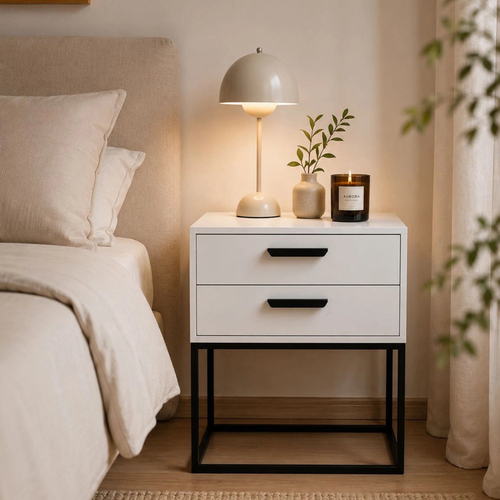 Lelabati, Comodino 2 Cassetti, 60x39x65h cm Bianco