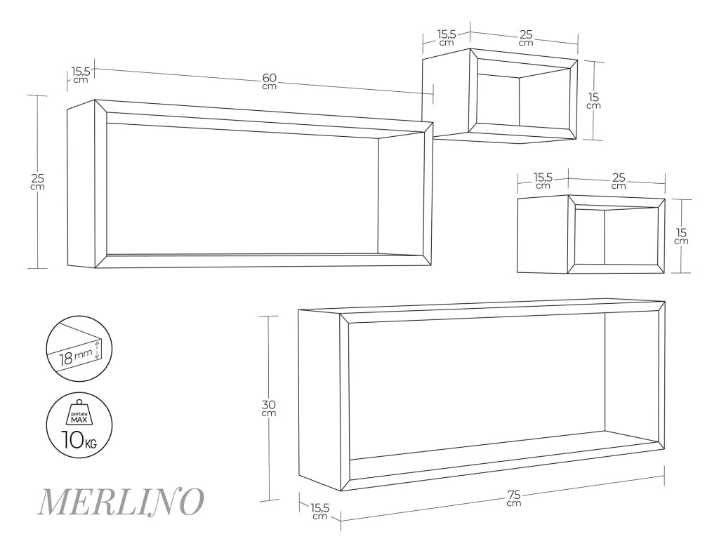 Set 3 Mensole Cubo da Parete Quadrato e Rettangolare in Fibra di Legno Merlino Bianco