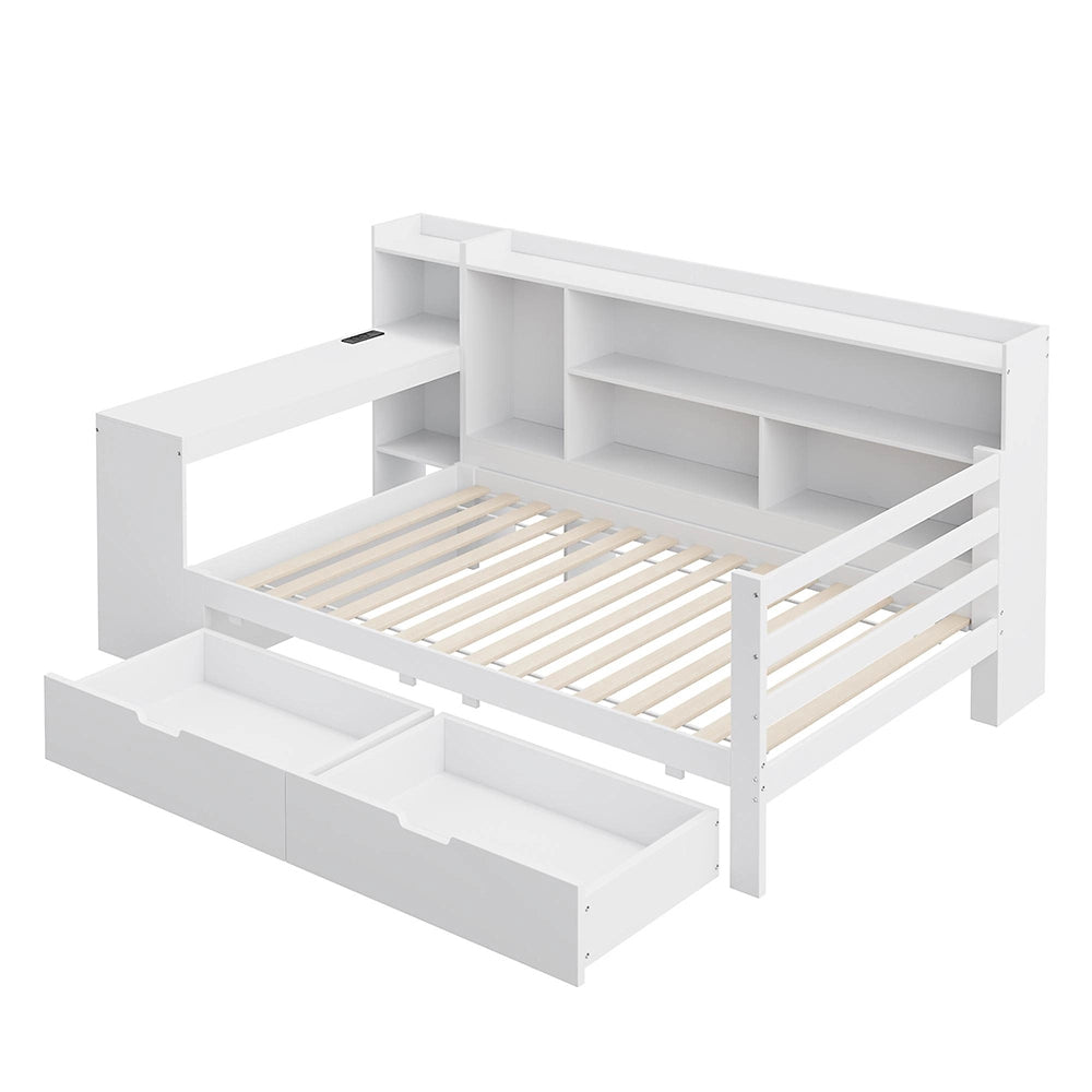 Divano letto-Xylo-90x200 cm-libreria, 2 contenitori, presa, legno bianco