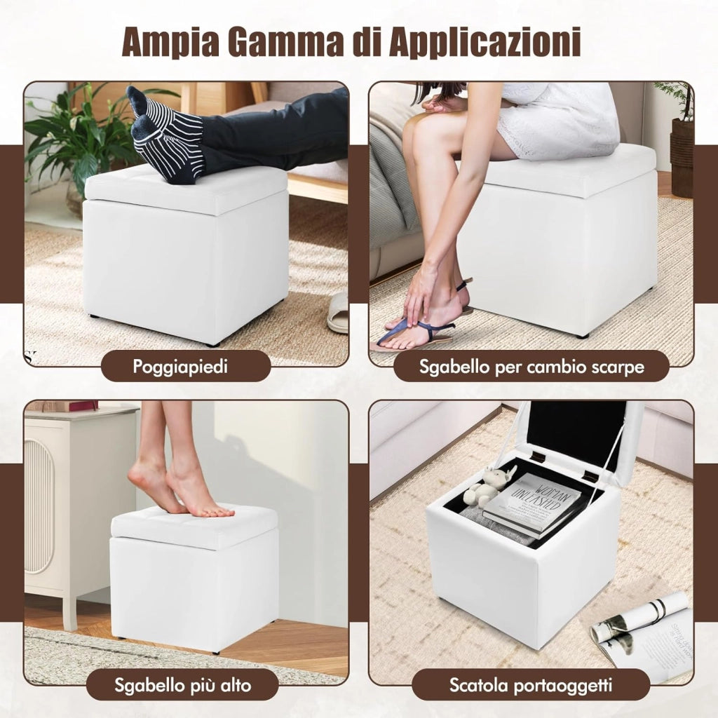 Pouf Contenitore Quadrato, Cubo Poggiapiedi di 30 L, Carico Max. 150 kg, 40 x 40 x 40 cm (Bianco)