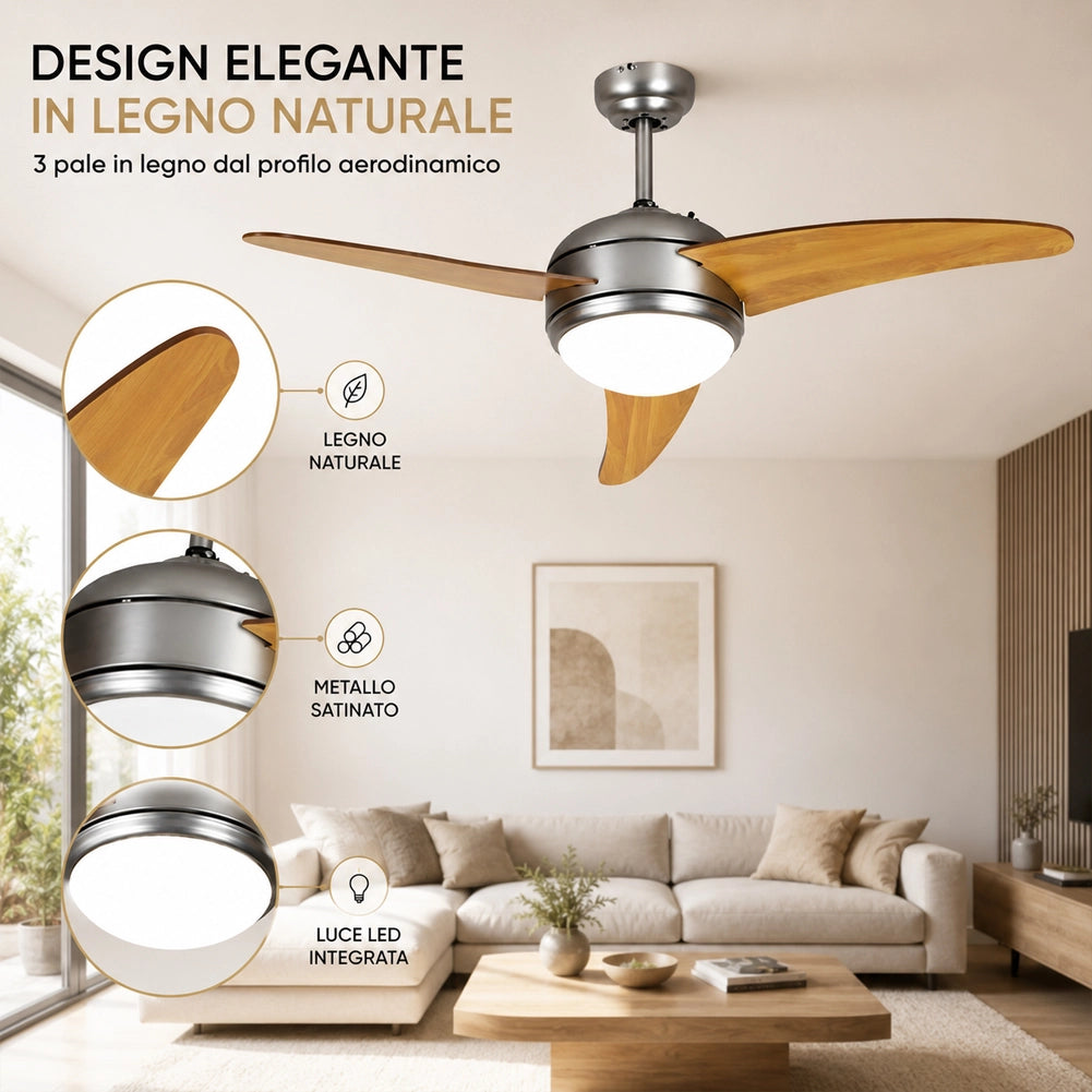 Ventilatore A Soffitto Con 3 Pale In Legno 3 Velocita Con Luce e Telecomando DCG