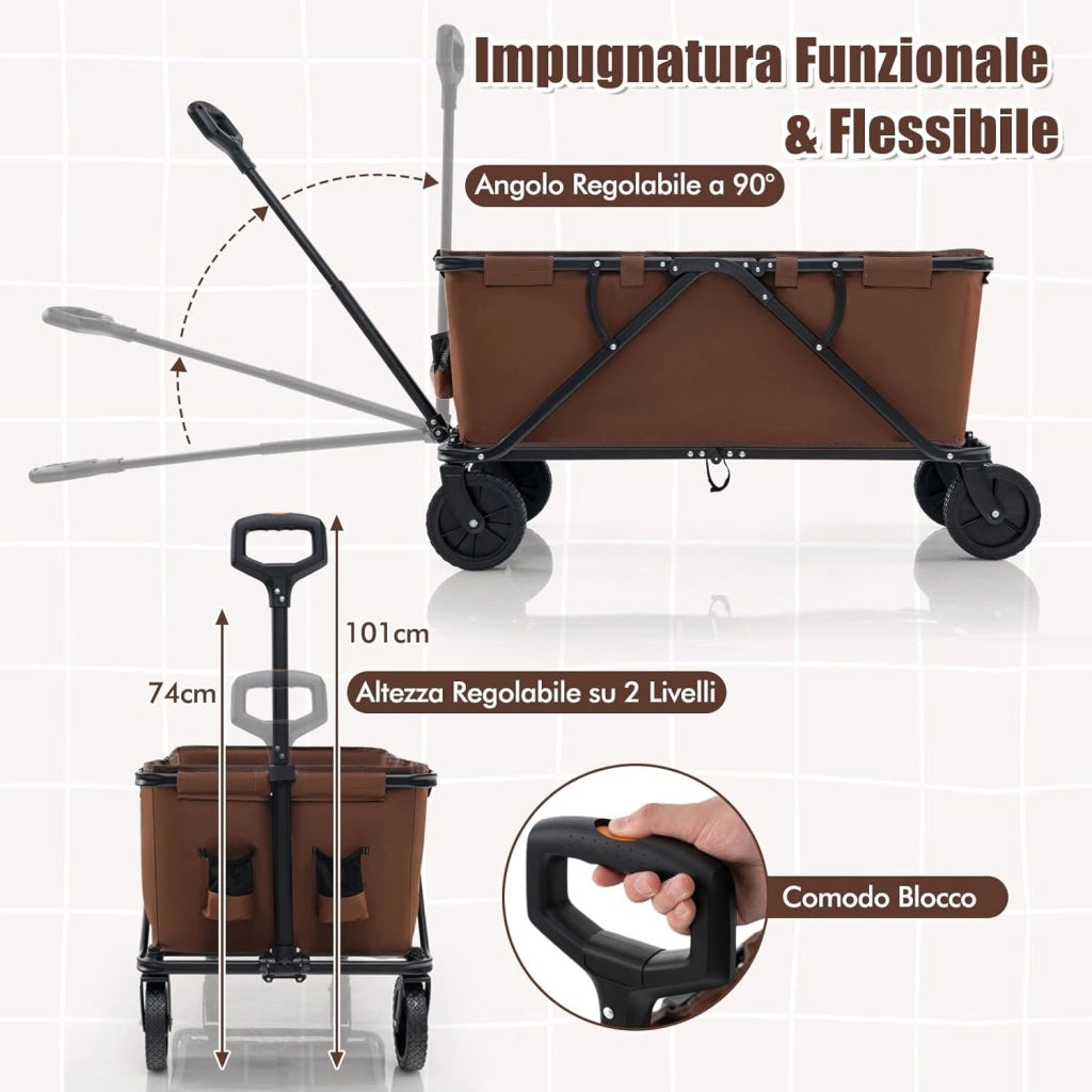Carrello da Spiaggia Pieghevole 170 L, Carrello con Ruote Portatutto con Maniglia Regolabile e 360° Ruote, Portabottiglie e Tasca Portaoggetti, Carretto Giardino per Campeggio (Marrone)