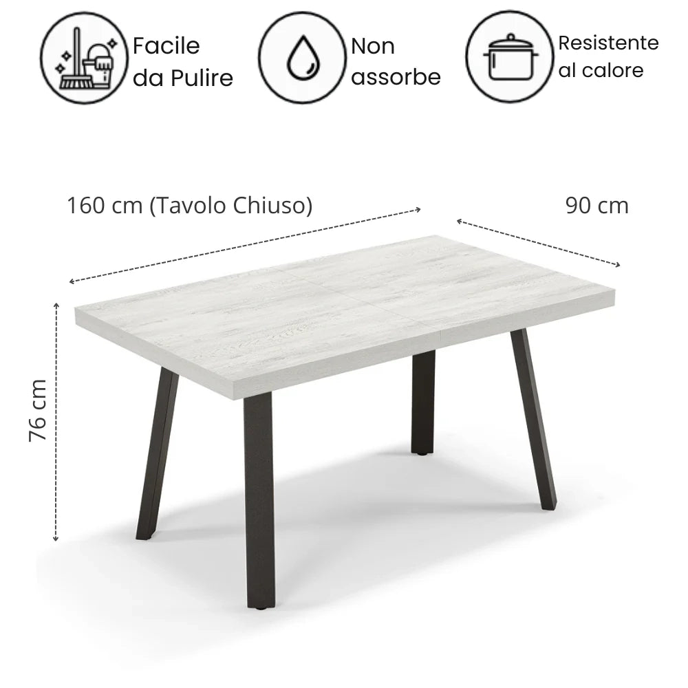 Tavolo allungabile da pranzo Quercia Bianco 160X90 modello MIRO’ fino a 260 CM per sala da pranzo, cucina e soggiorno, design moderno con top in melaminico