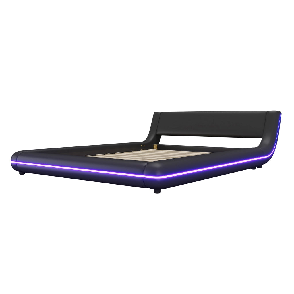 Letto basso matrimoniale 140×200 cm con LED regolabili; PU e MDF; senza materasso; nero per camera da letto
