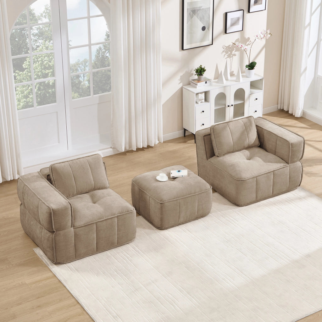 Divano angolare modulare a 2 posti senza struttura con pouf e seduta profonda in poliestere sabbia 198 × 162 × 67 cm