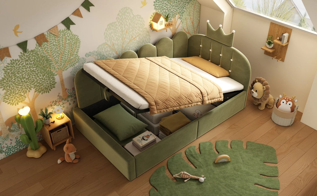 Letto contenitore daybed L-forma 90x190 cm in velluto verde con design corona e rete a doghe