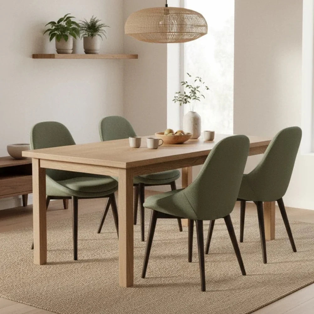 Set di 4 sedie da pranzo imbottite in tessuto verde Delphi con struttura in legno massello di noce facili da pulire | Duzzle