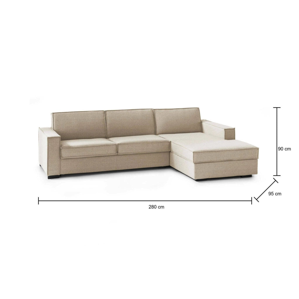 Ametrino, Divano Fisso con Penisola Sfoderabile Made in Italy, 280x95 cm Beige