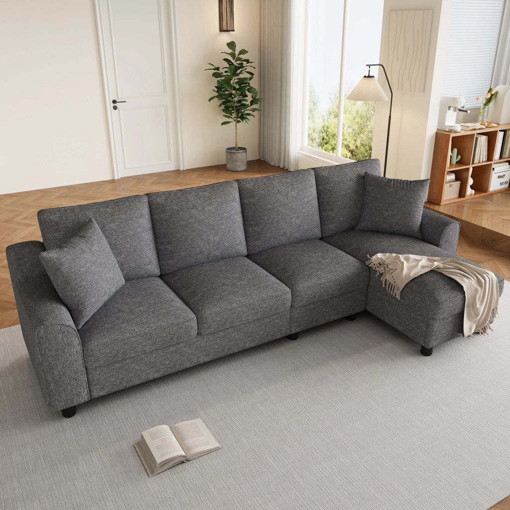 Divano a tre posti, divano ad angolo, tessuto chenille, vano portaoggetti, portabicchieri, design modulare, grigio