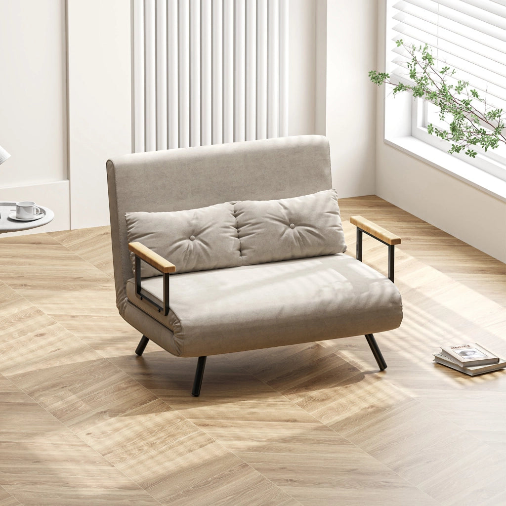 Divano Letto con Schienale Reclinabile e 2 Cuscini in Tessuto Effetto Velluto Bianco Crema