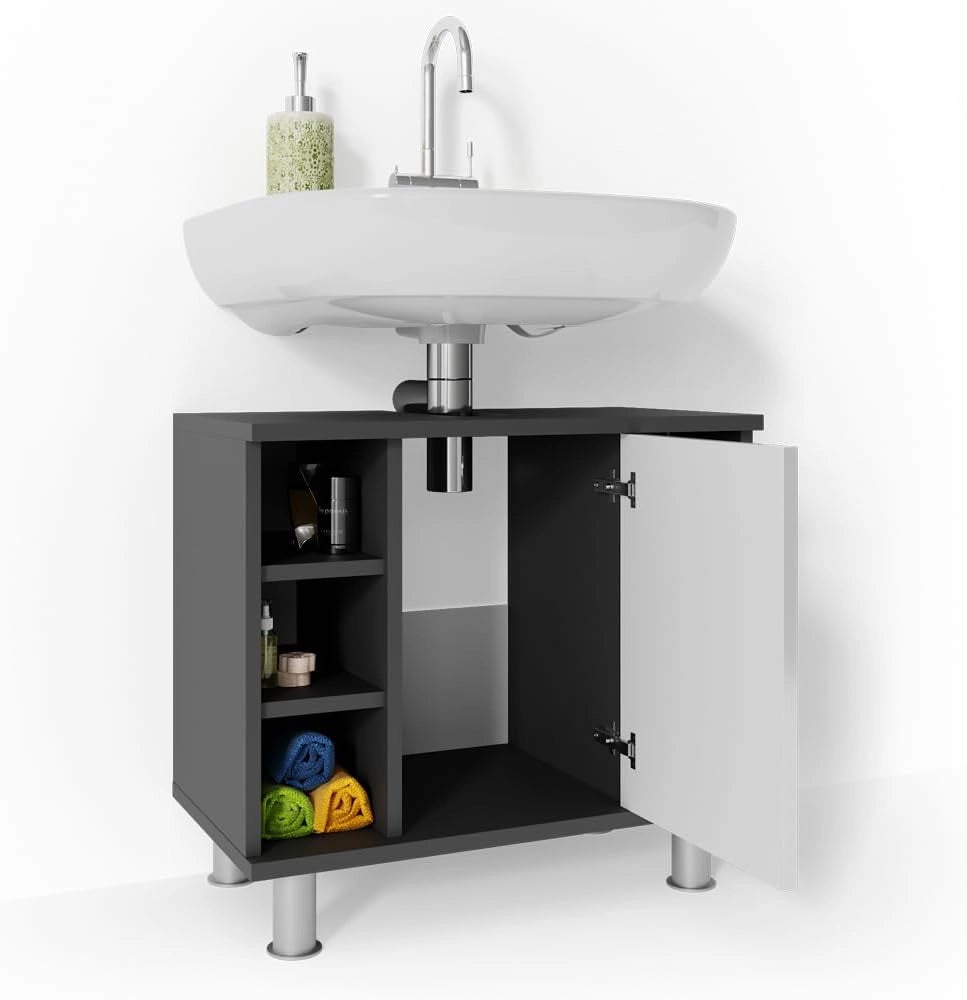 Mobile sottolavabo per bagno Fynn, Antracite, 60 x 54 cm, con intaglio per sifone e ripiani aperti