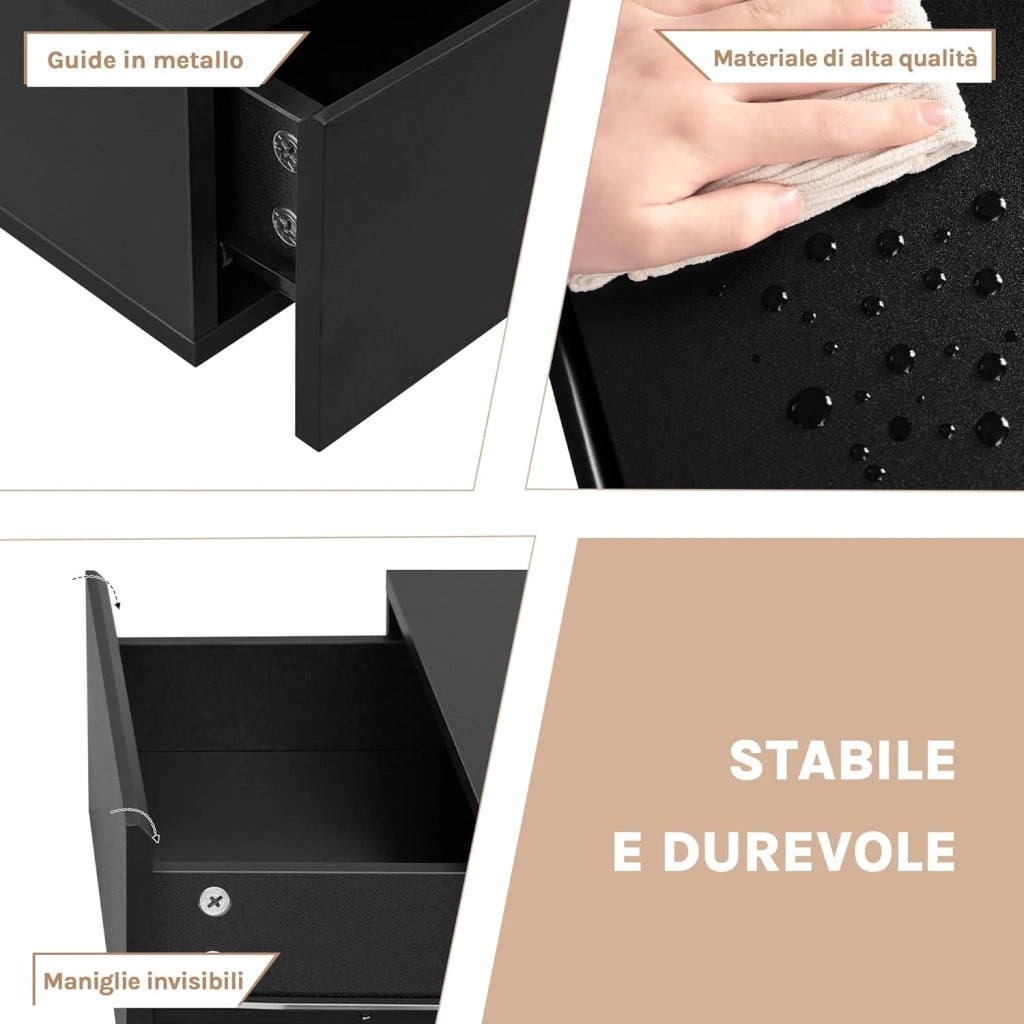 Set di 2 Comodini Galleggianti, Comodini a Parete Neri con Cassetto, Mensole da Letto, Mobili da Camera da Letto in Legno, NTS24sz-2