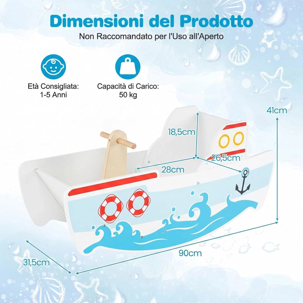 Cavallo a Dondolo per Bambini, Nave a Dondolo in Legno a Tema Nautico, Manici in Legno, Carico 50 kg, per Bambini 1-5 Anni