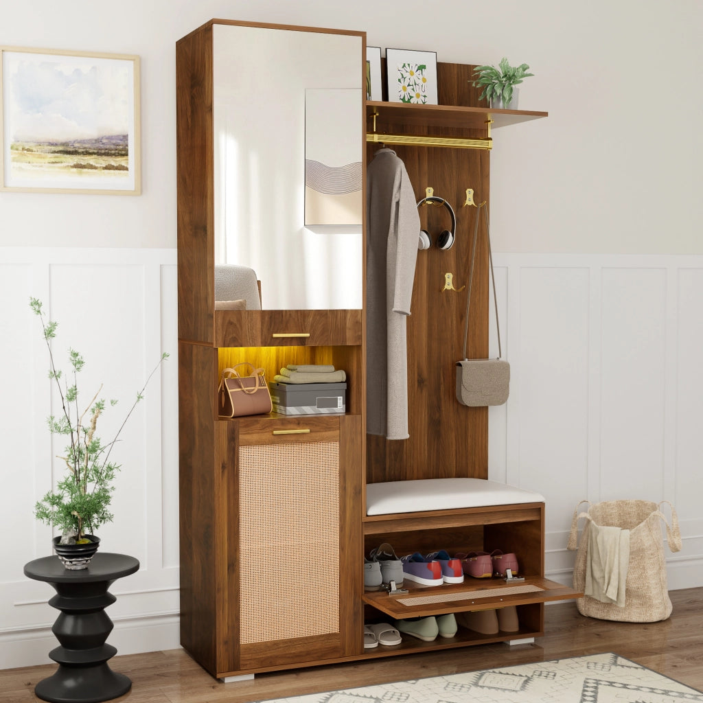 Mobile d'Ingresso con 3 Ante; Specchio; Panca e LED 16 Colori; Stile Moderno; in MDF; Noce/Bianco; 110??38??190 cm