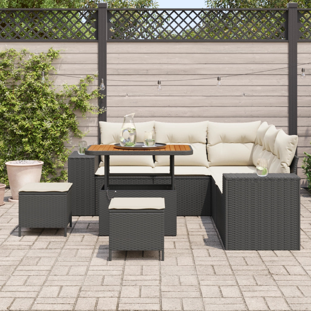Set Divano da Giardino da 8 Pezzi con Cuscini Nero Poly Rattan Acacia