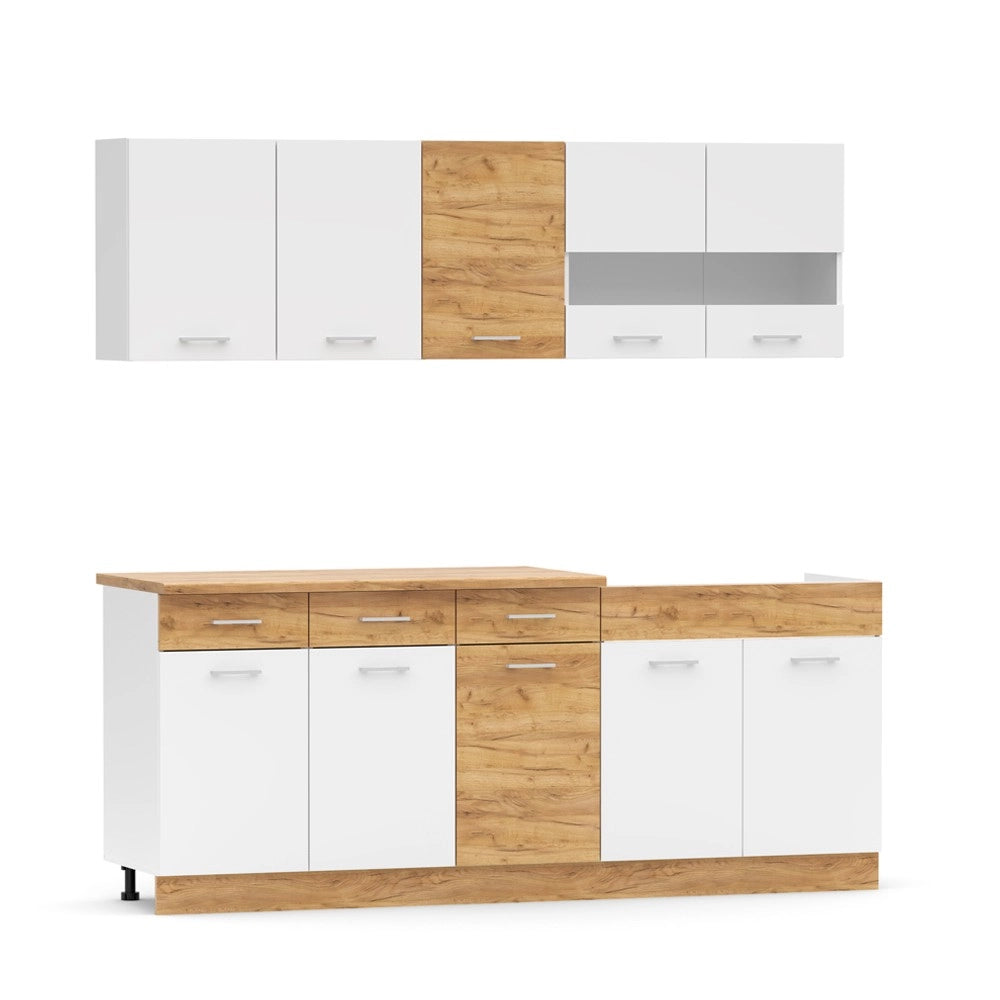 Cucina monoblocco 200 cm Erika bianco e rovere con lavello e pensili