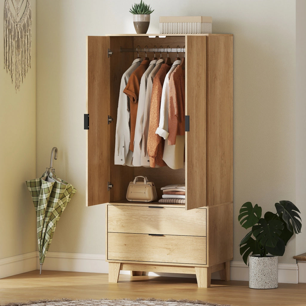 Armadio Camera da Letto con 2 Ante Scorrevoli 2 Cassetti Appendiabiti ¨C zephmum ¨C 80x50x180 Legno Naturale