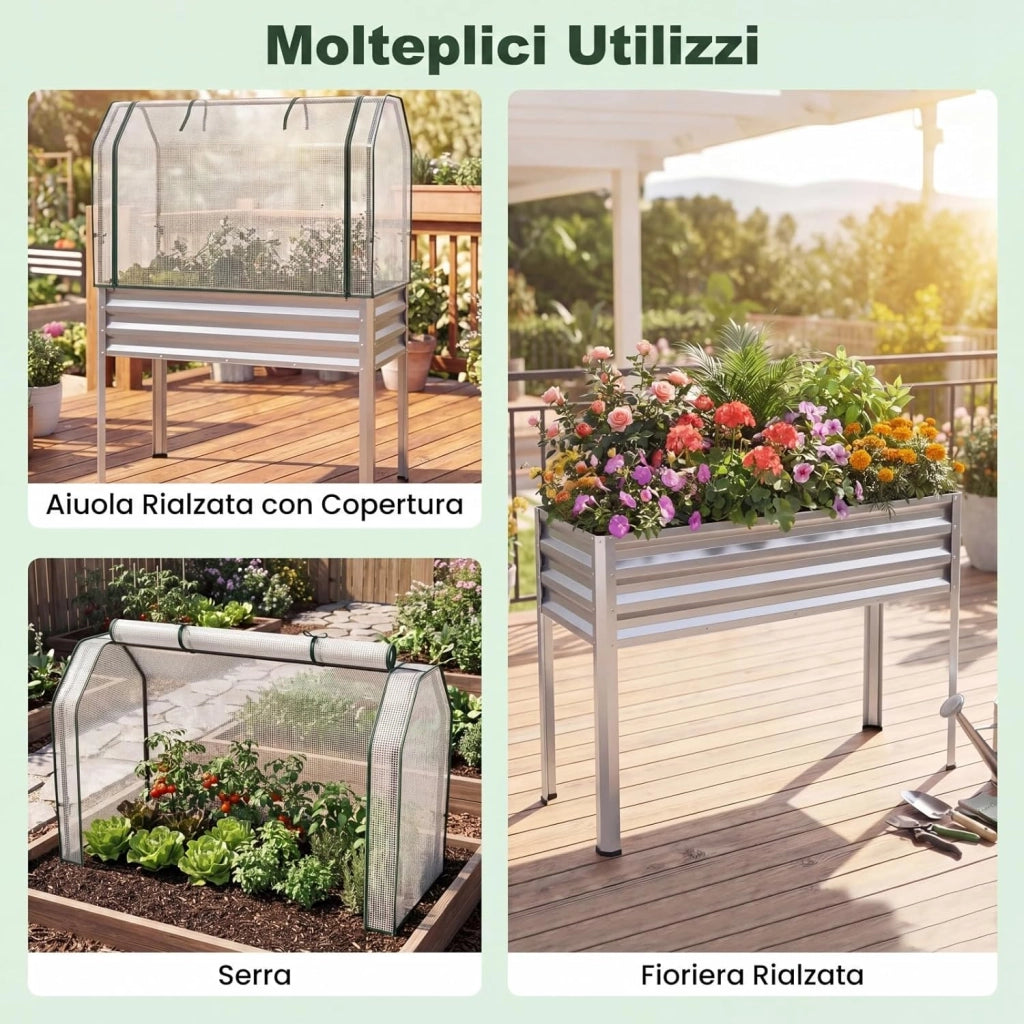 Orto Rialzato da Esterno con Serra, Fioriera Rialzata con Copertura in PE, Porta Avvolgibile con Cerniera e Guanti, Aiuola Rialzata per Verdure, Fiori e Frutta, 112 x 55 x 152 cm (Argento)