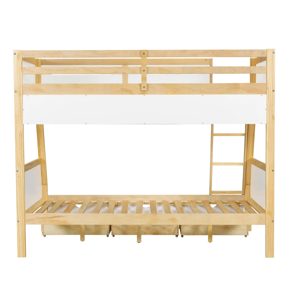Letto a castello bambini 90x200 cm e 120x200 cm con cassetti e libreria in legno; MDF e compensato bianco e naturale
