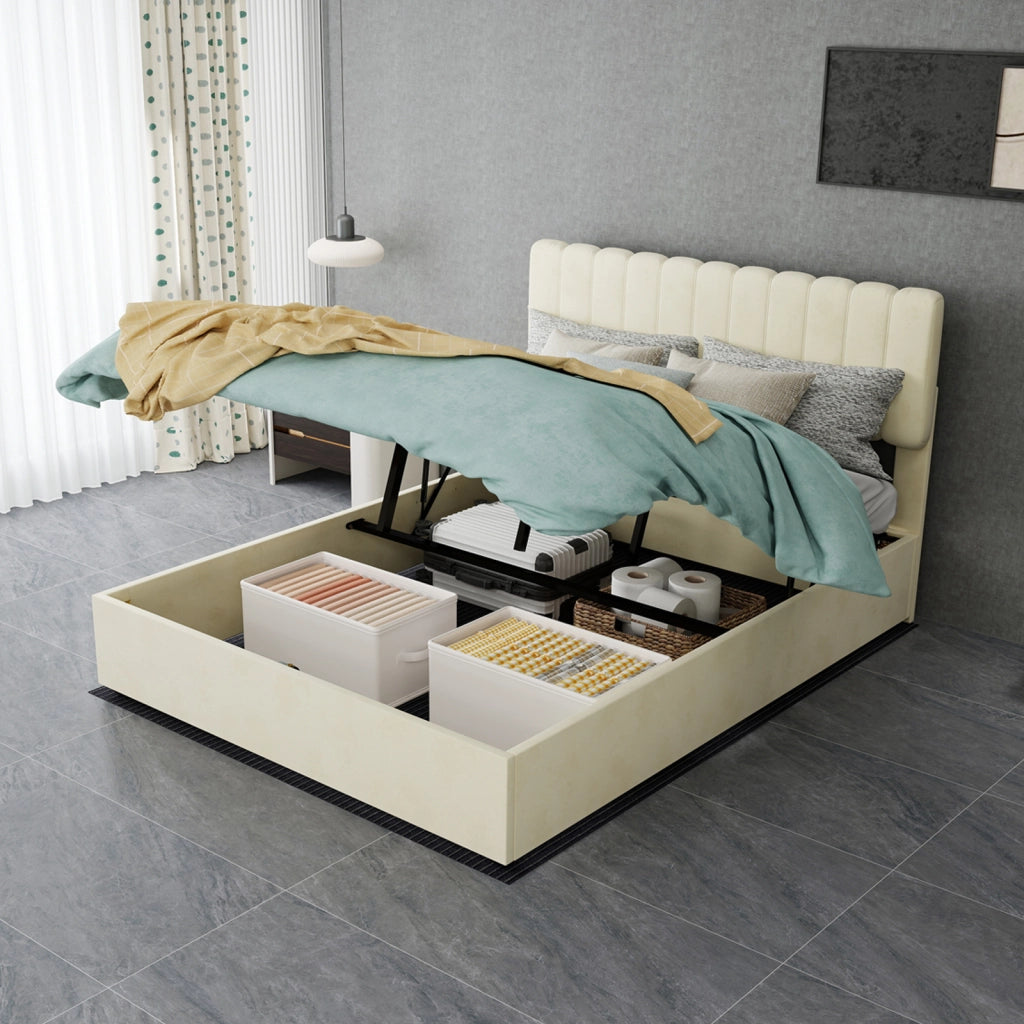 Letto moderno per materasso 140 × 200 cm in tessuto beige; struttura per camera da letto