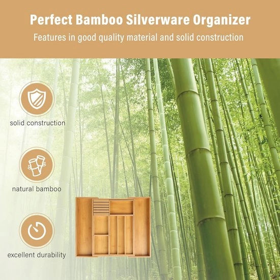 Organizzatore per cucina in legno di bambù argentato espandibile con separatori a rilascio rapido e blocco per coltelli e accessori per 3-10 slot.