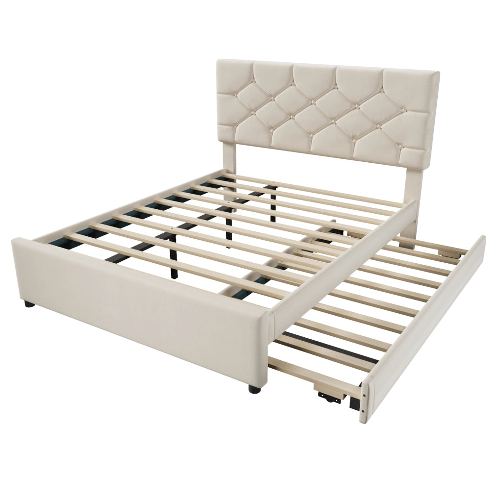 Letto imbottito 140x200 cm con letto estraibile in velluto beige