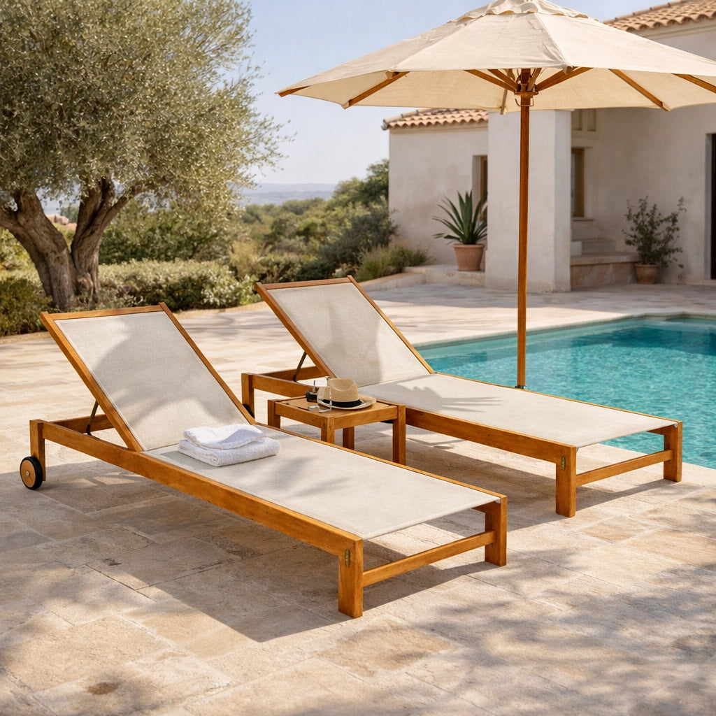 Set 2 Lettini Prendisole in Legno Teak con Ruote - Java Col. Beige