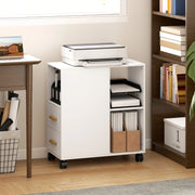 Mobile contenitore per stampante con 2 cassetti e 3 vani aperti, ripiano regolabile e ruote, per ufficio, bianco, 60 × 30 × 65 cm