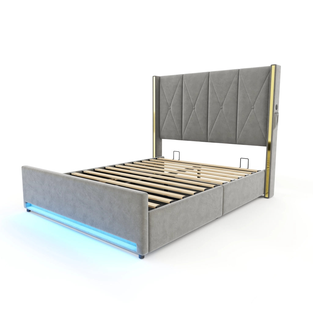 LETTO Contenitore 160x200 cm in velluto grigio scuro, testiera alta imbottita