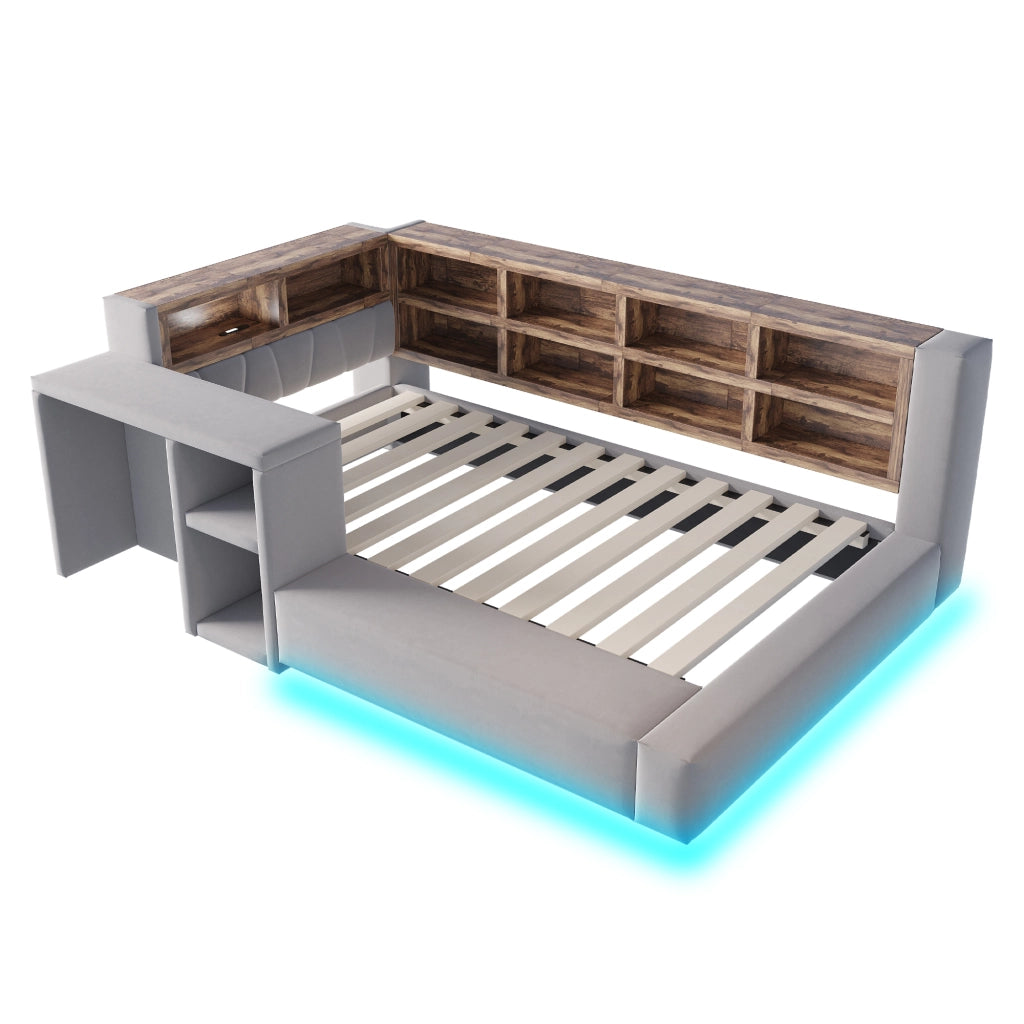 Letto imbottito 90 x 200 cm con testiera imbottita, vani portaoggetti, LED, prese integrate e tavolino laterale, Grigio scuro
