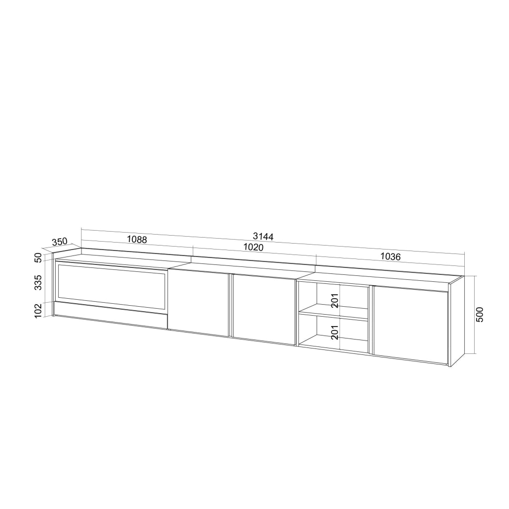 Mobile TV Soggiorno, 315x50x35 cm, Per TV fino a 80", Camino elettrico XXL, LED, Rovere e nero
